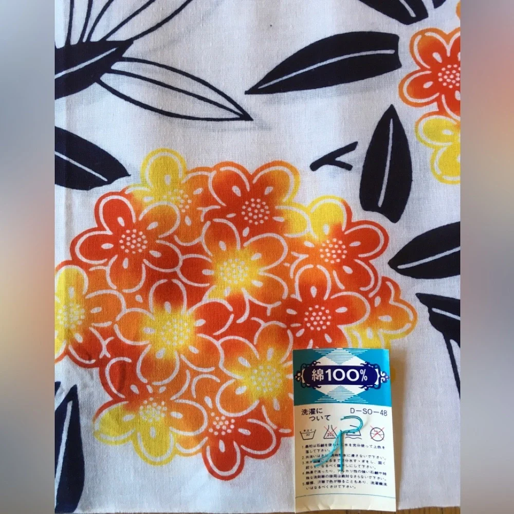 Vintage 1970’s Japanese White Navy Orange Bold Floral Cotton Bolt of Fabric